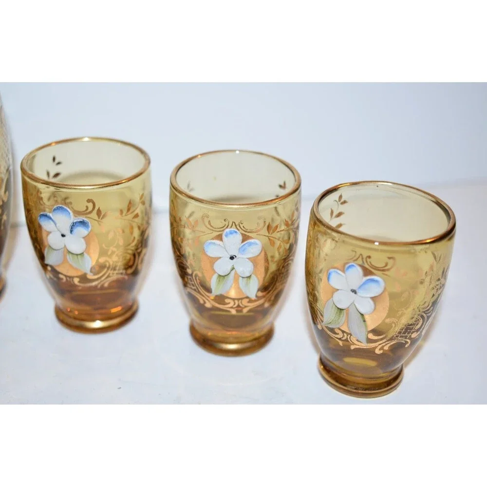 Vtg Murano Venetian Art Glass Decanter Cordial Glass set gold Barware flaws‎